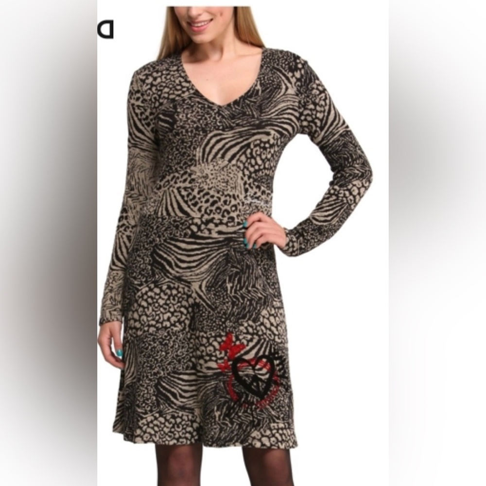 Desigual Black and Tan Fit and Flare Long Sleeve Dress